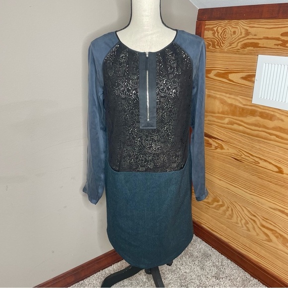 Rebecca Taylor Blue Black Lace Tweed Silk Quarter Zip Long Sleeve Mini Dress 2 - Picture 1 of 8
